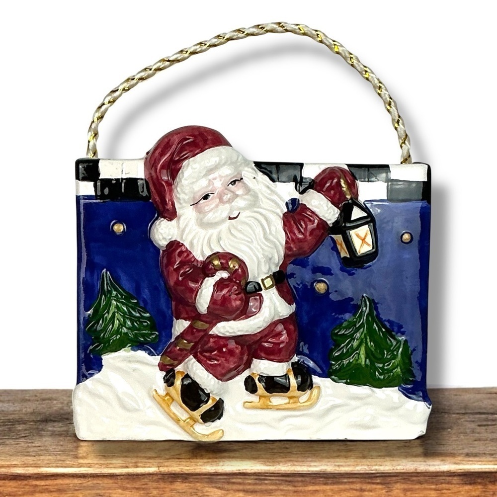 Vintage Ceramic Gift Bag Decorative Skating Santa Blue Christmas Holiday Theme